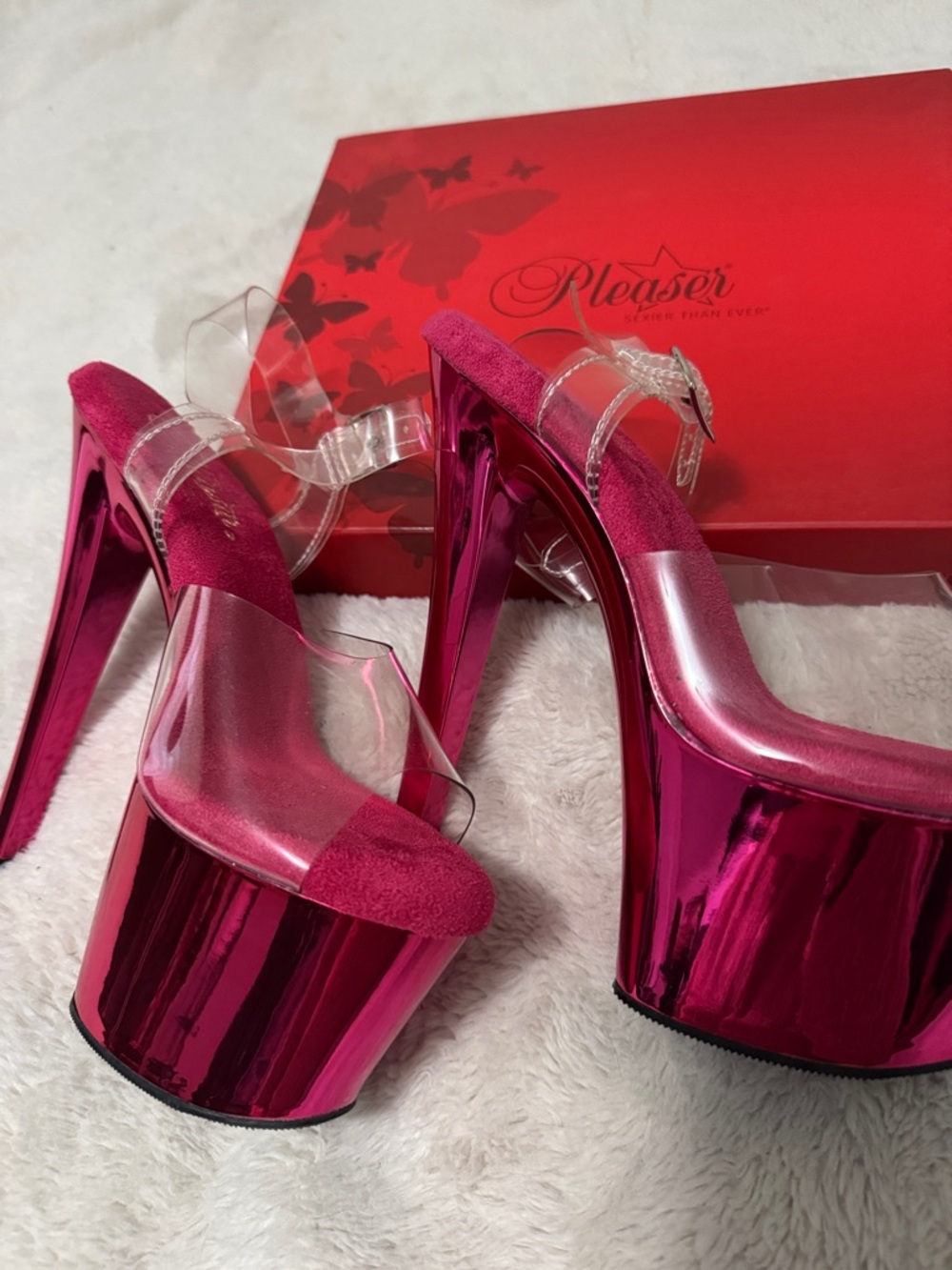 Pleaser Metallic Fuchsia Platform Stiletto Heels with Clear Straps